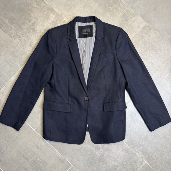 J Crew Womens Solid Navy Blue 100% Linen Regent Blazer Jacket Altered Size 12 - Picture 1 of 15